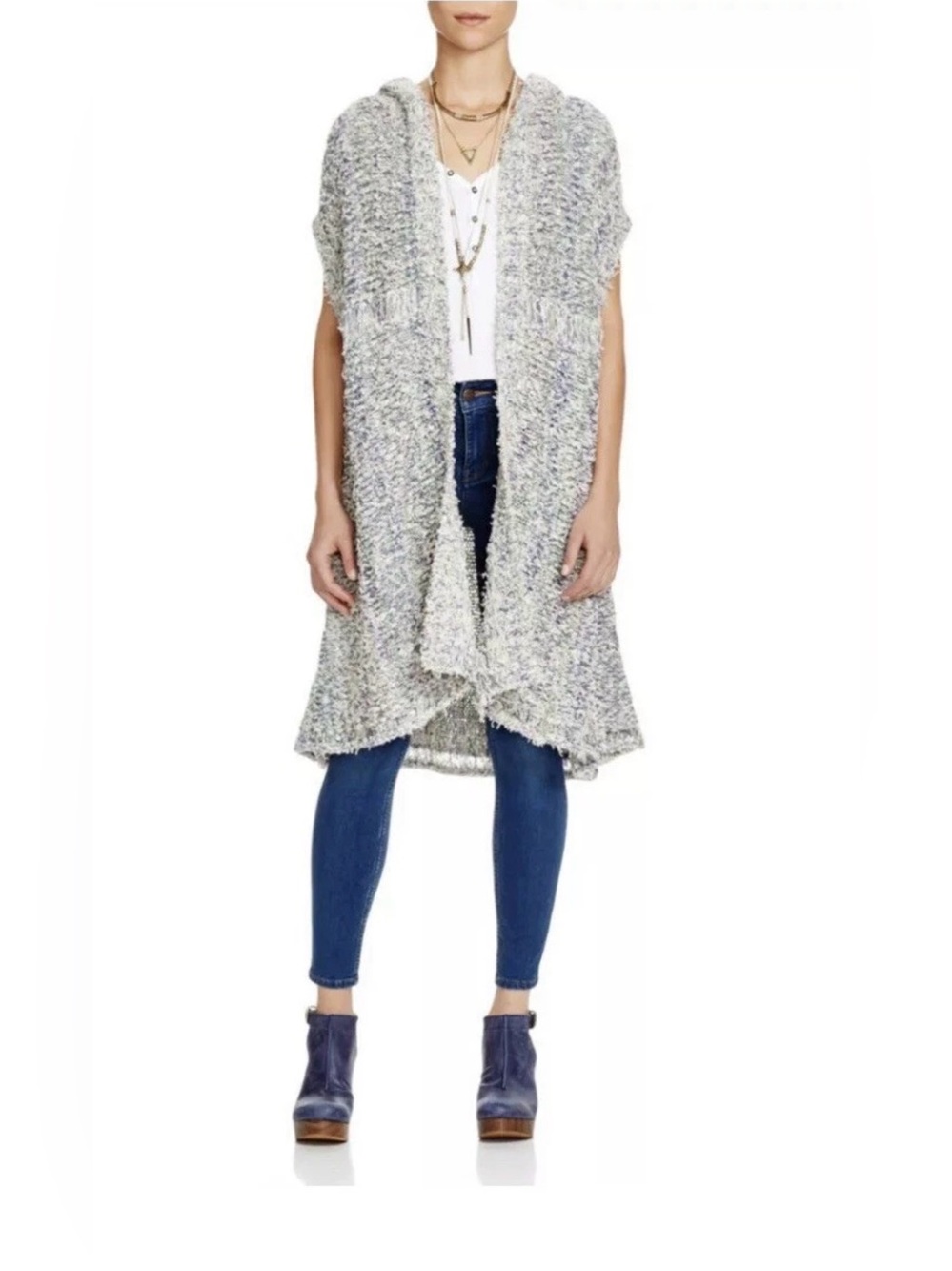 Free People Seattle Summer Long Vest Eyelash Knit Duster Sweater XS/S Ivory Blue